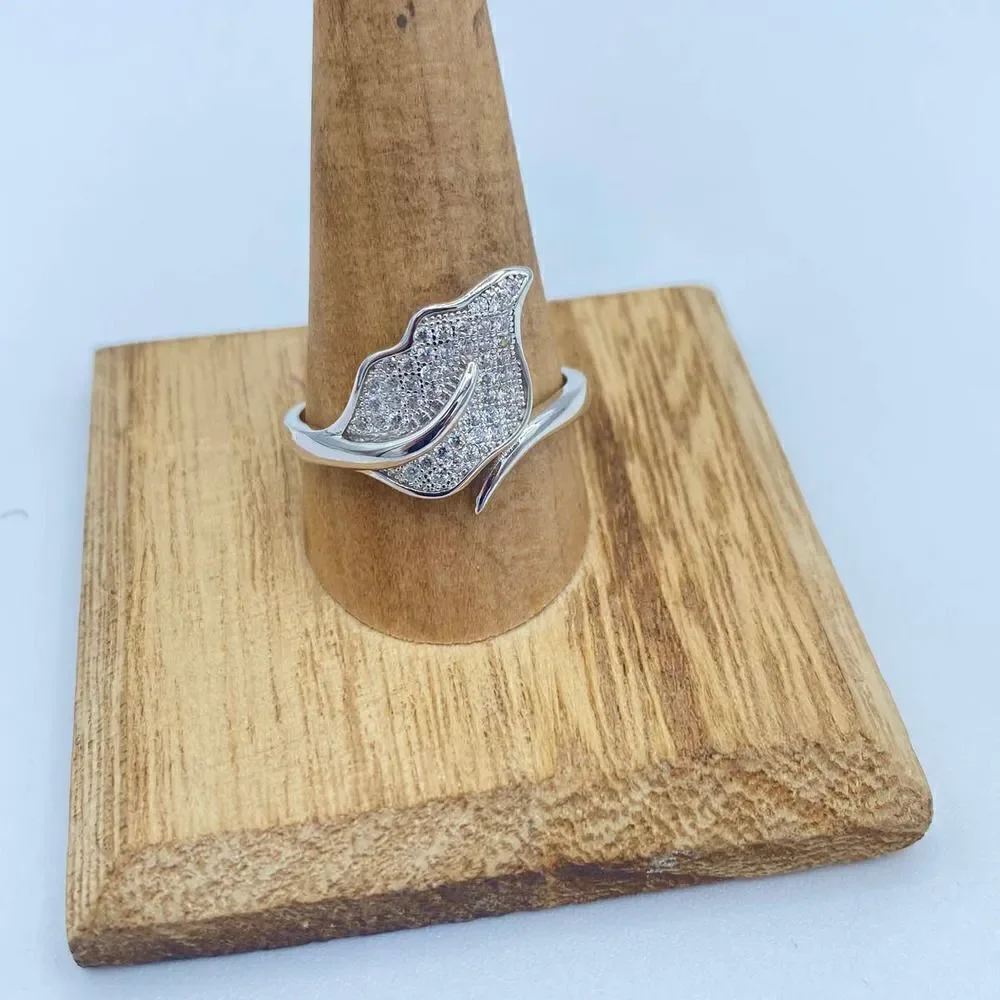 Micro Pave Cz Diamond Leaf Sterling Silver Ring Size 11